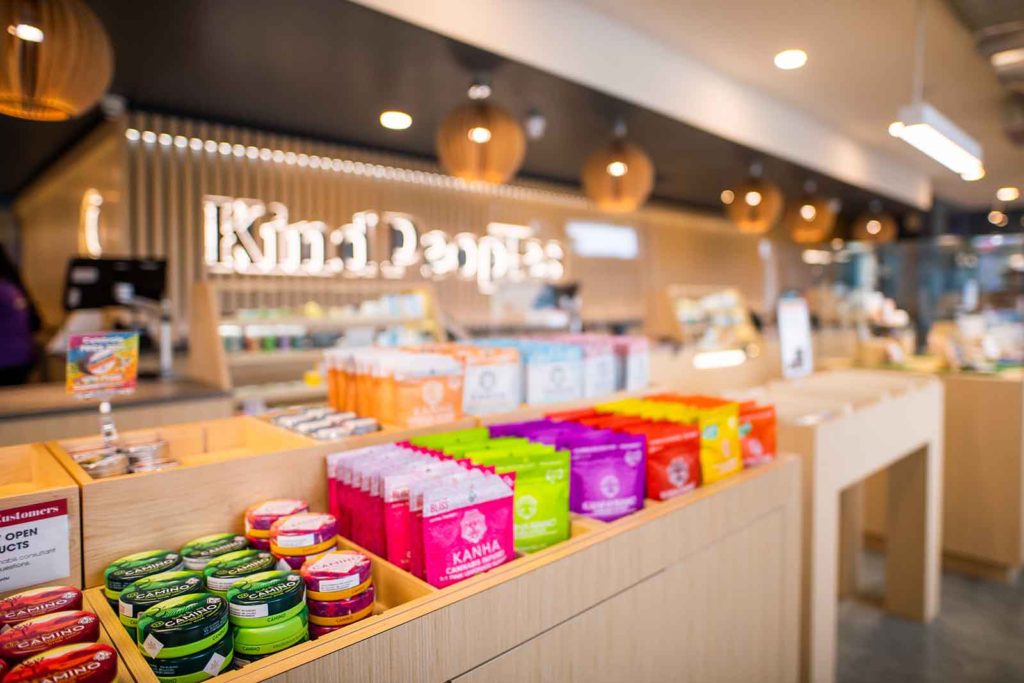 an interior photo of a cannabis dispensary featuring shoppable product displays